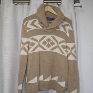 Ralph Lauren Purple Lable Cashmere Camel and Cream Shawl Collar Knit Sweater